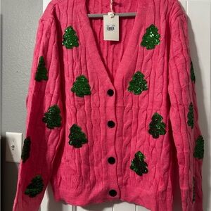 Grace+Emma Pink Cardigan with Green Sequin Trees